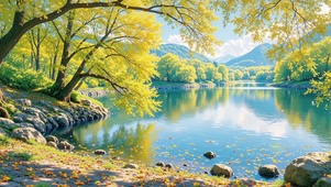 氛围感秋天小清新湖泊落叶