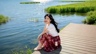 湖边木栈道旁享休闲时光的美女