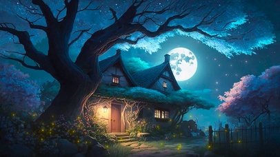 唯美插画月下古树小屋