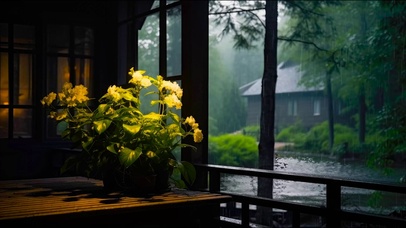 安静的雨天小屋
