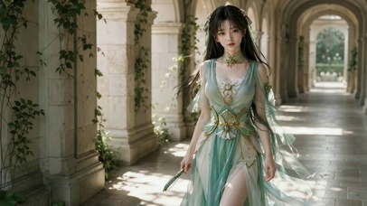 古风绿衣少女漫步石拱长廊