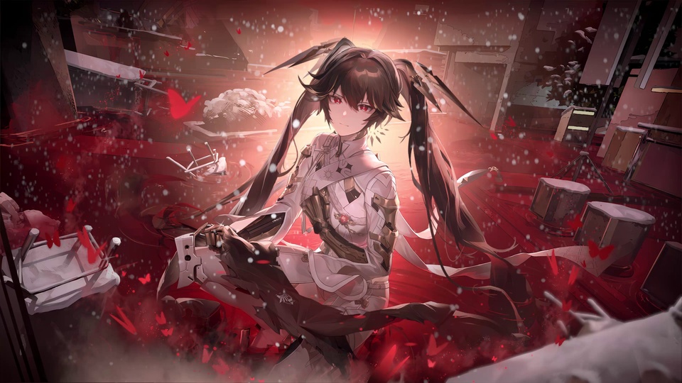红瞳双马尾少女立于积雪废墟，空中飘雪散落红色蝴蝶
