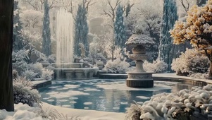 冬日清冷雪花喷泉庭院