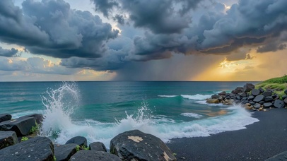 夕阳暴雨海岸震撼海景