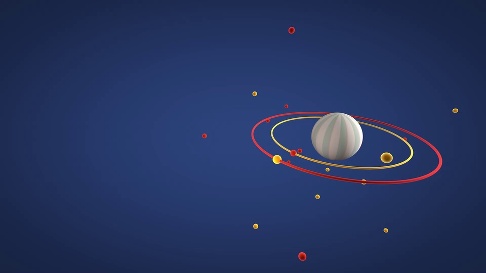 深蓝色纯色背景上，中央是带有浅绿与白色竖条纹的球形天体，外围环绕红黄双色环形轨道，轨道周边散落着若干红、黄色小圆点，为3D卡通简约风格。