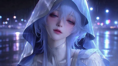 雨夜蓝发二次元美少女