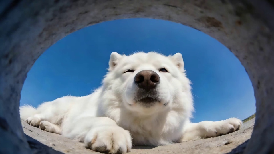 白色萨摩耶犬从石质孔洞后向外张望，一只眼眯起一只眼睁开，背景是晴朗亮蓝色天空。