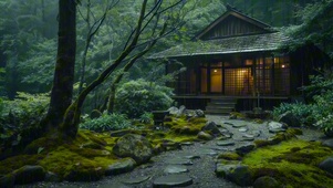 雨天山中深处木屋 