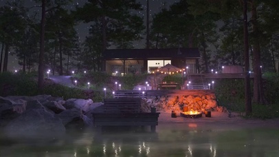 夜晚湖边别墅小屋