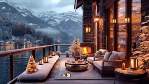 湖边咖啡厅阳台上舒适的冬季氛围