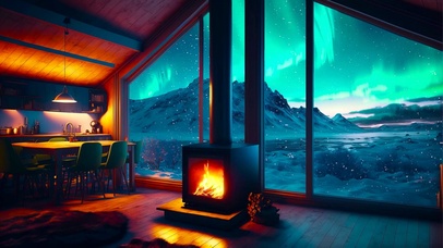 唯美极光雪夜木屋