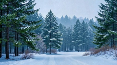 冬日飘雪松林小路