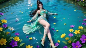 碧绿池塘鲜花从中嬉水的美女薰儿