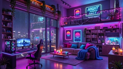 霓虹雨夜房间