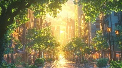 绿色城市清新黄昏街景