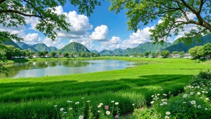 清新治愈乡间湖畔自然风景