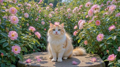 粉色花丛中的治愈可爱橘猫