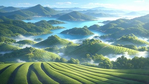 清新绿色云雾茶田
