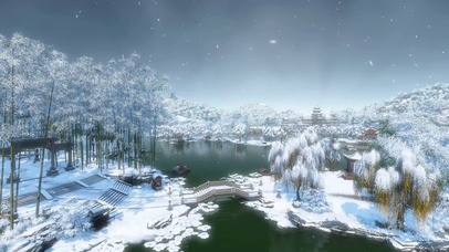 唯美冬日雪天园林湖畔