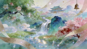 翠峰流泉，亭畔繁花绕云溪