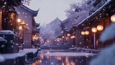 冬日黄昏古城飘雪街道