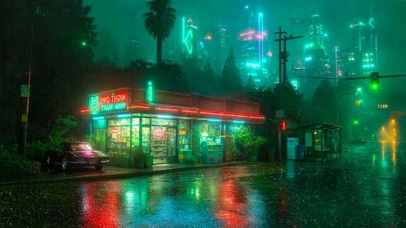 未来雨夜街边商店