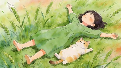 女孩与可爱萌宠躺在草地