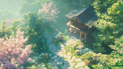 春日朦胧云雾山顶古建