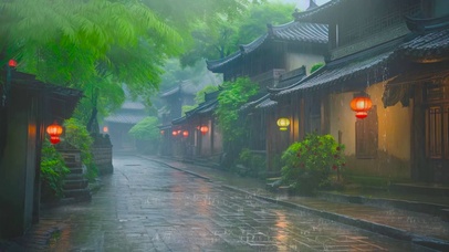 国风江南雨天古镇