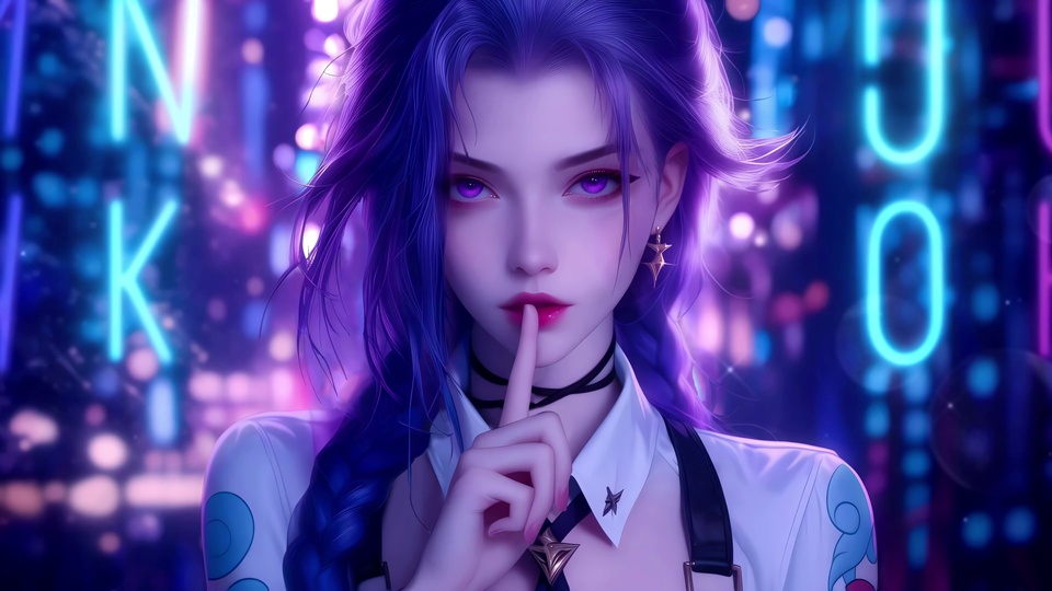 紫发紫瞳少女做出噤声手势，身后是虚化的蓝紫色霓虹夜景