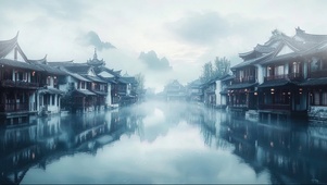 朦胧清晨阴天水乡建筑