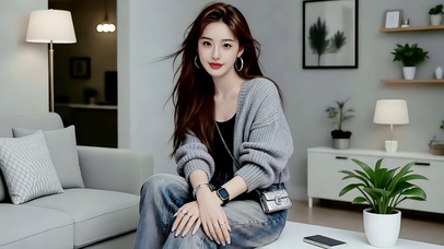 居家坐在小桌的文静牛仔裤美女