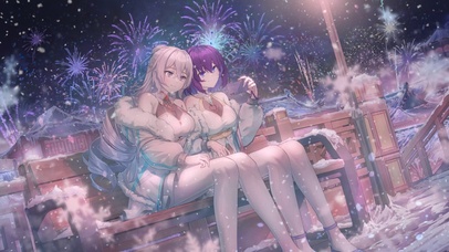 温馨雪中烟花长椅少女