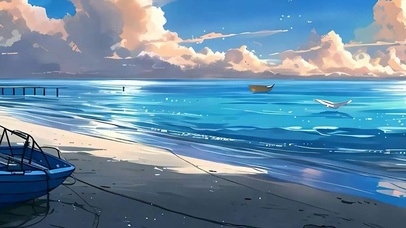 蓝天白云树木海滩带鱼屏