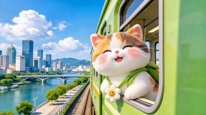 小猫列车观赏城市河景