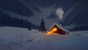 唯美夜晚雪山房屋