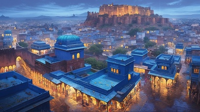 蓝色古城夜景插画