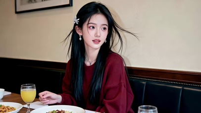 餐厅就餐的红衣长发美女