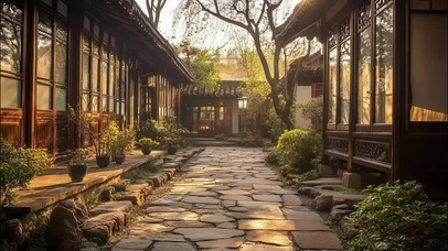 古朴院落黄昏唯美光影