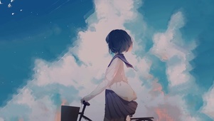 唯美蓝天白云短发女孩