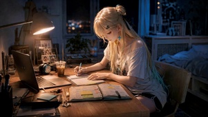 夜灯下学习的二次元美少女