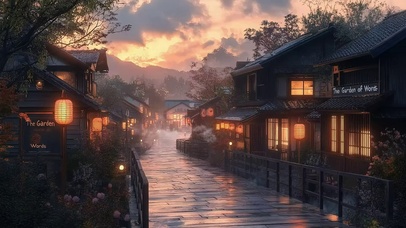 晚霞落日静谧小镇街道