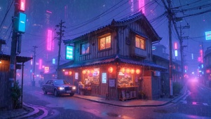 霓虹雨夜街角小店