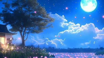 夜景树木房屋带鱼屏