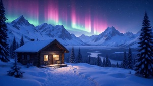 极光雪夜木屋