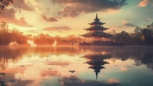 国风古塔湖畔水光倒影