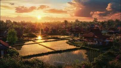 静谧黄昏落日稻田古城