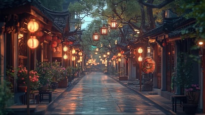 雨中的古城静谧街景