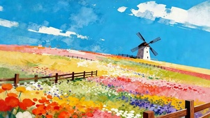 油画白云树木风景