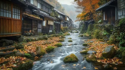 静谧山间古风小镇溪流